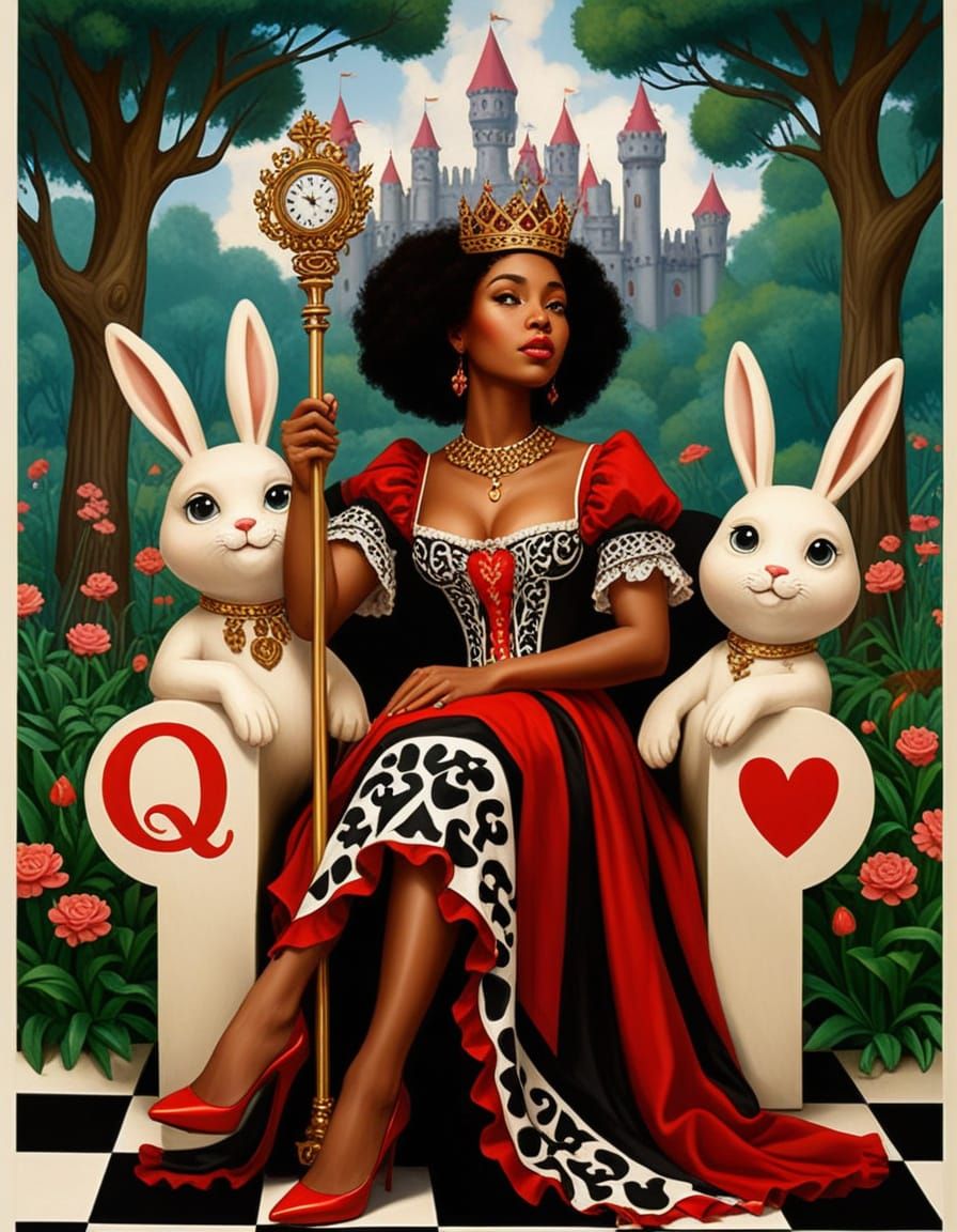 African Queen of Hearts on Chessboard Throne