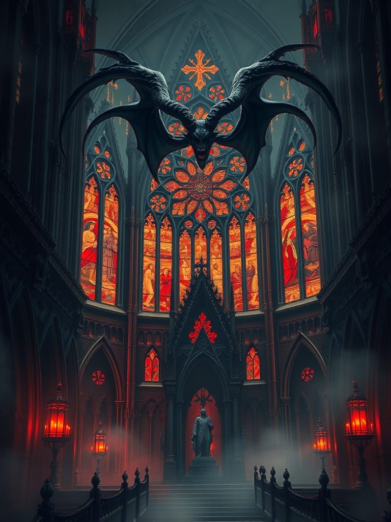 Creepy Gothic Cathedral with Baphomet Statue