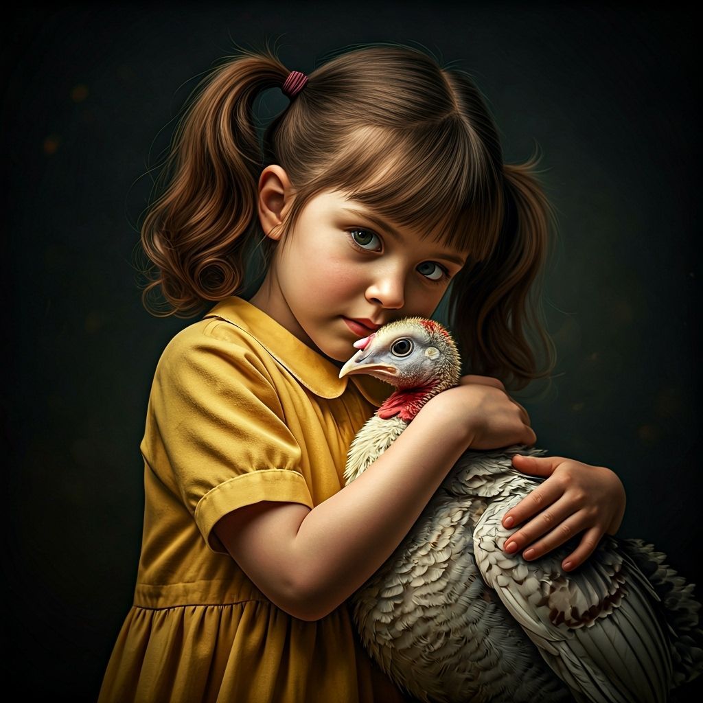 Girl Hugs Turkey Portrait in Vintage Fine Art Style