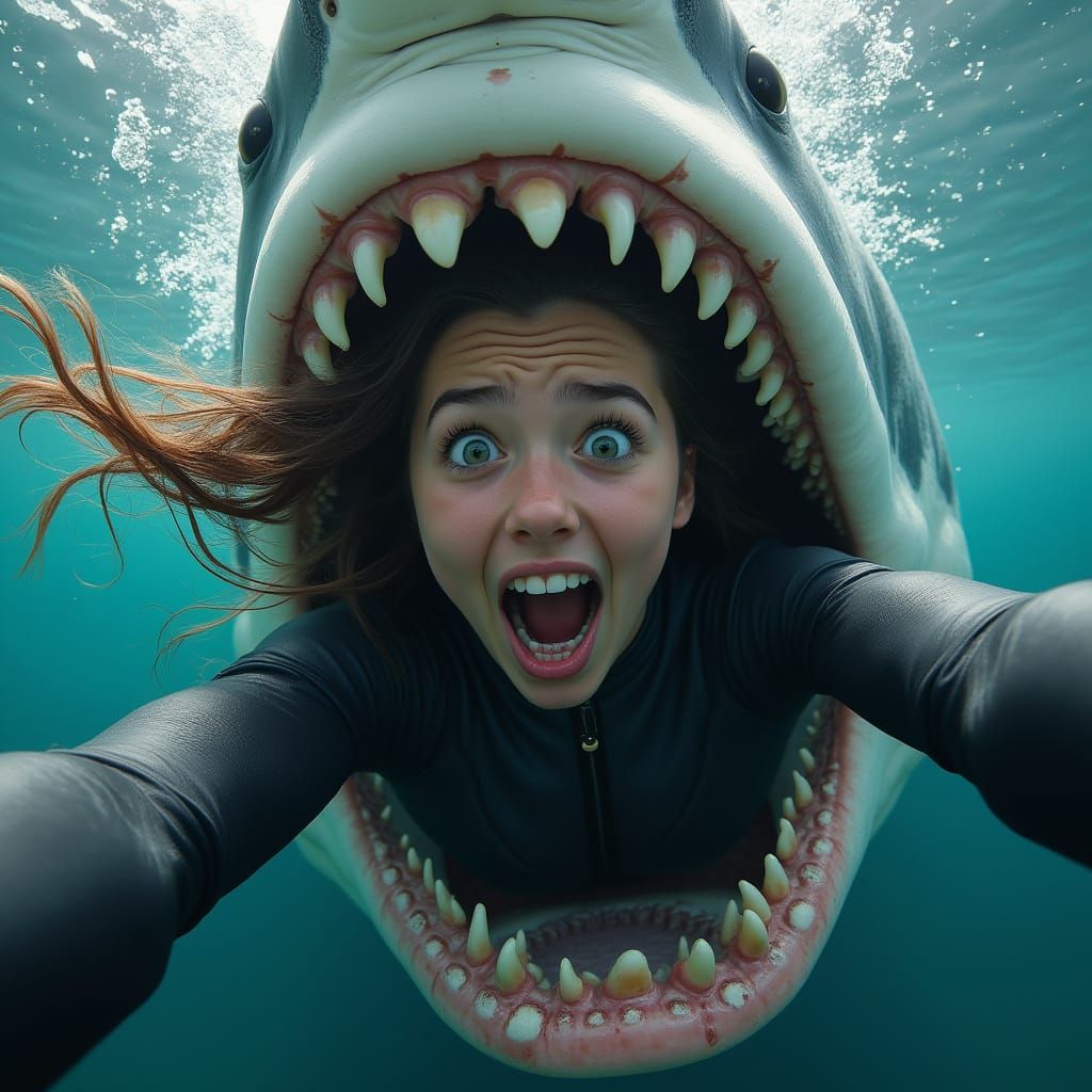Woman Takes Selfie in Shark's Mouth: Photorealistic Image