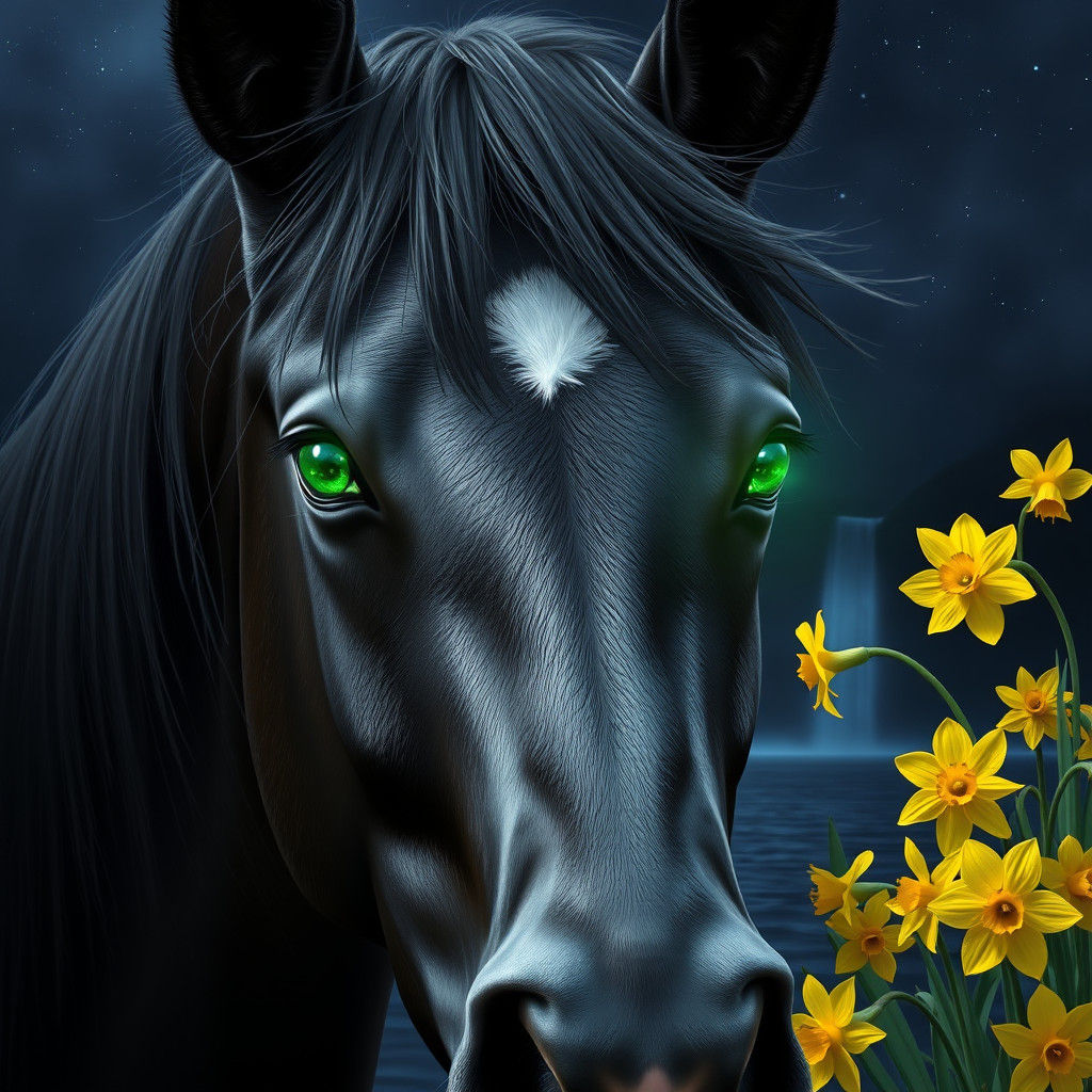 Black Horse with Green Eyes by Waterfall