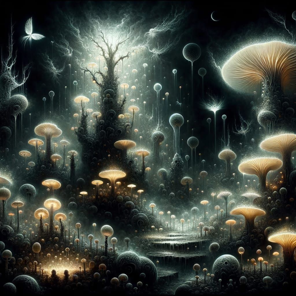 Ethereal Glowing Mushrooms in Dark Fantasy Garden