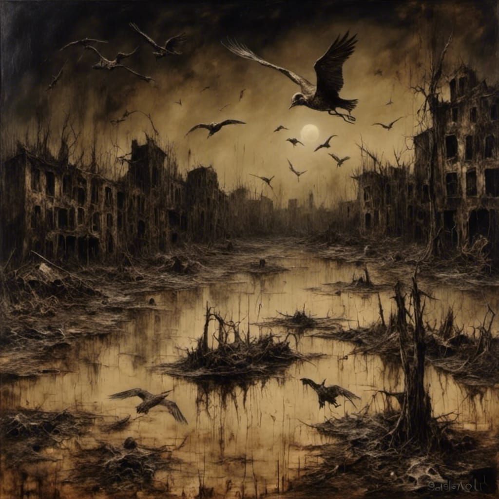 Surreal Dark Cityscape with Dead Birds