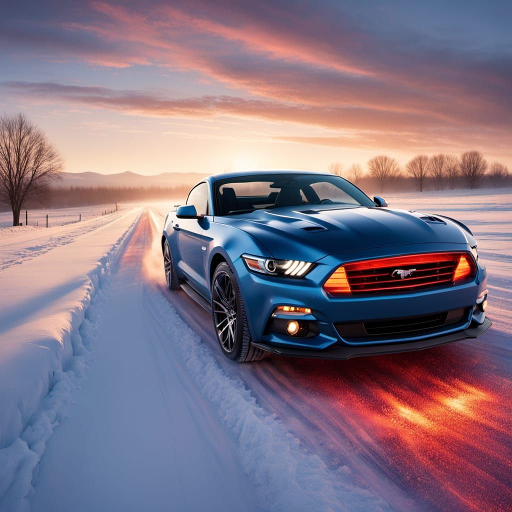 Fantasy Mustang on Snowy Road in Cosmic Dust
