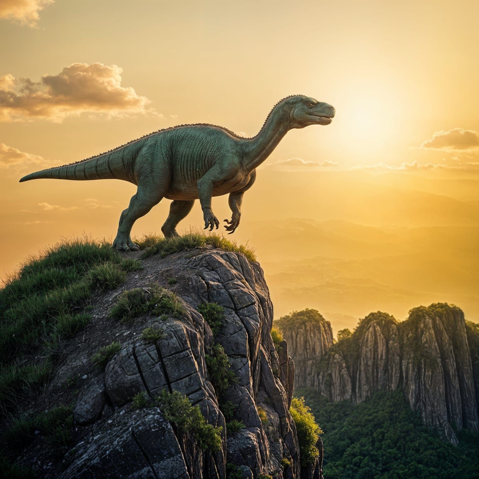 Dinosaur on Cliff in Earthy Green and Brown