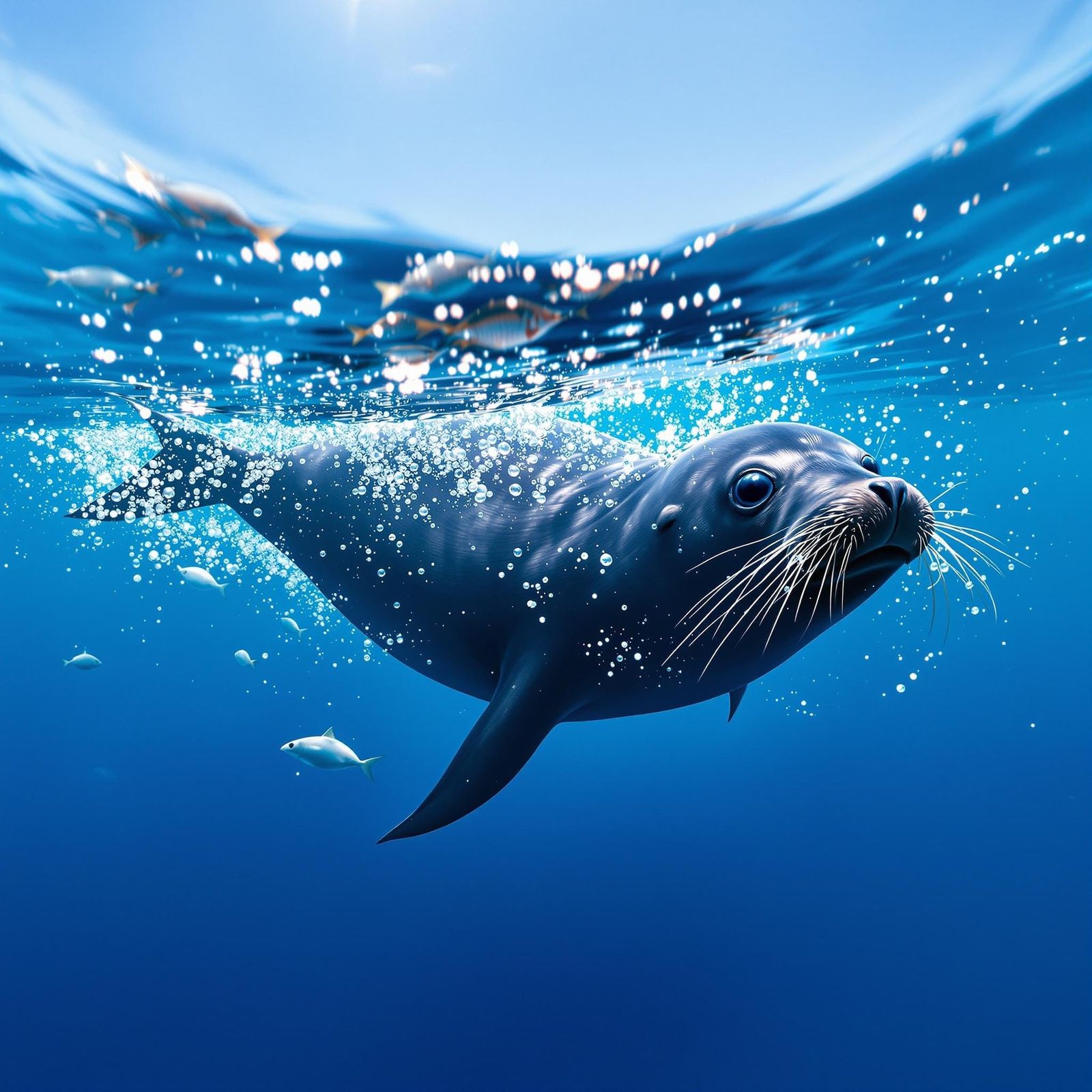 A sleek, black seal skillfully swims in a shimmering, sun-dr...