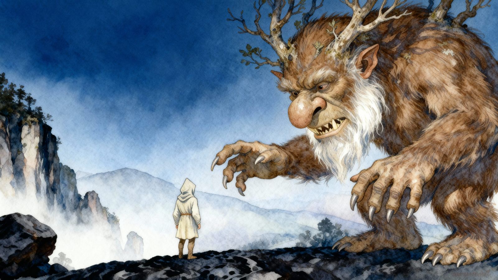 Giant Troll Looms Over Hooded Figure in Watercolor Style