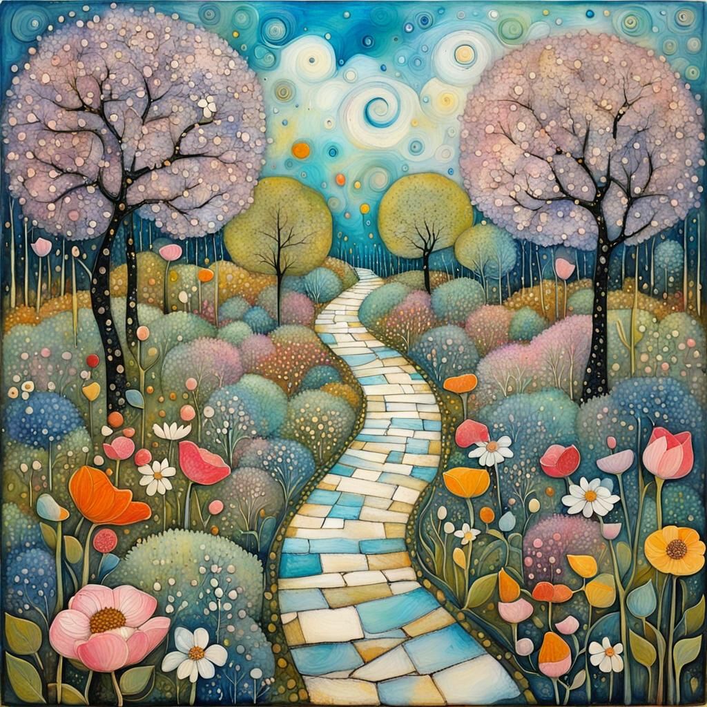 Spring Garden Path: Encaustic Painting in Whimsical Style