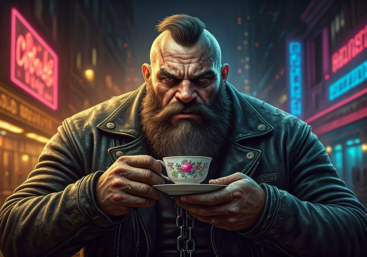 Biker's Contemplation: Tea Time in Hyperrealistic Cityscape