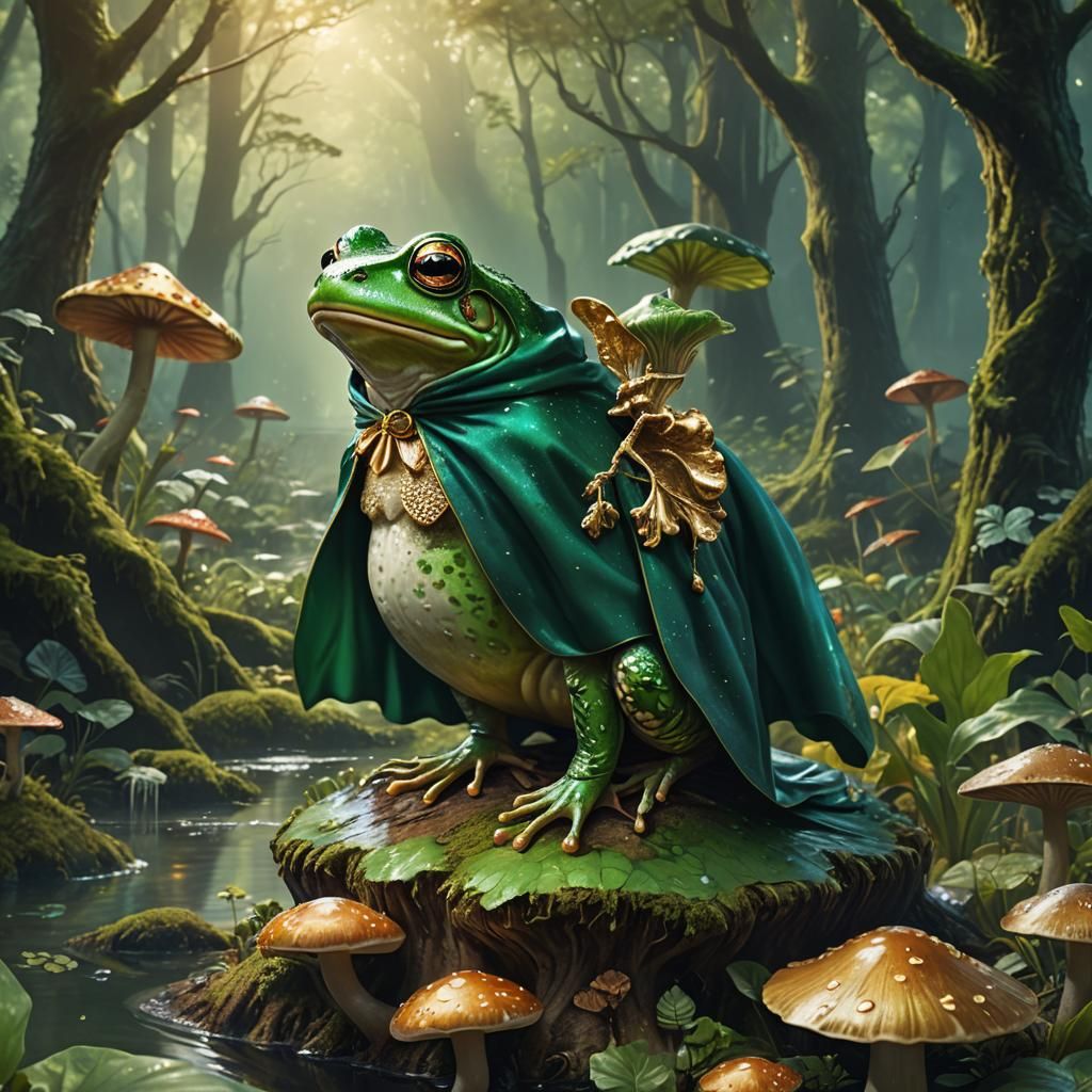 Heroic Frog in Emerald Cape on Mushroom, Fantasy Art