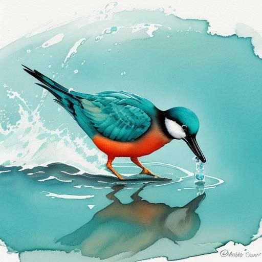 Teal and Orange Bird Watercolor Painting