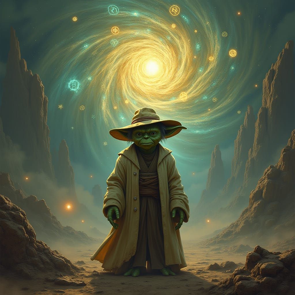 Yoda in Fedora Amidst Cryptic Symbols