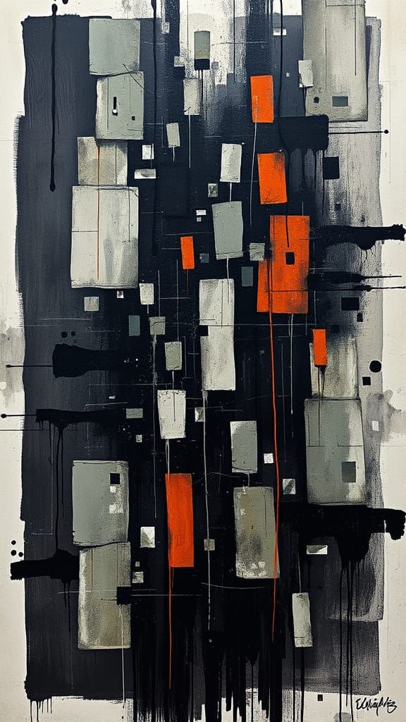 Abstract surreal constructivism, minimalism, dense charcoal, monotone black and grey and rust color and sage green color