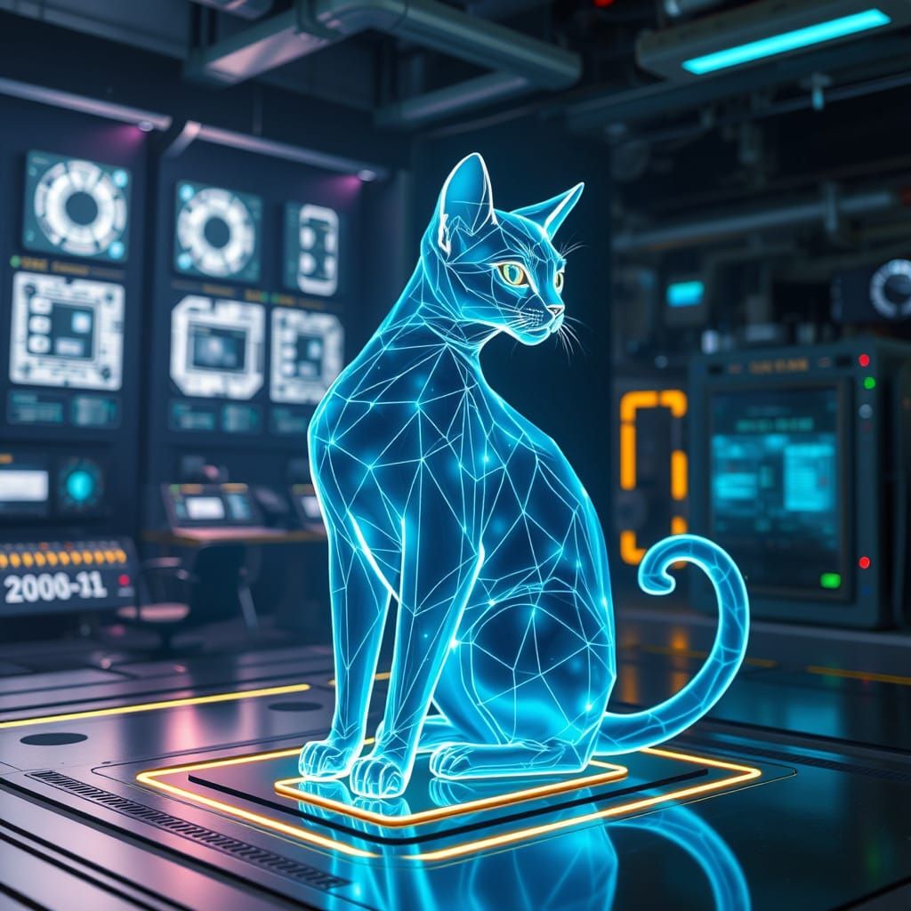 Futuristic Holographic Cat in Serene High-Tech Environment
