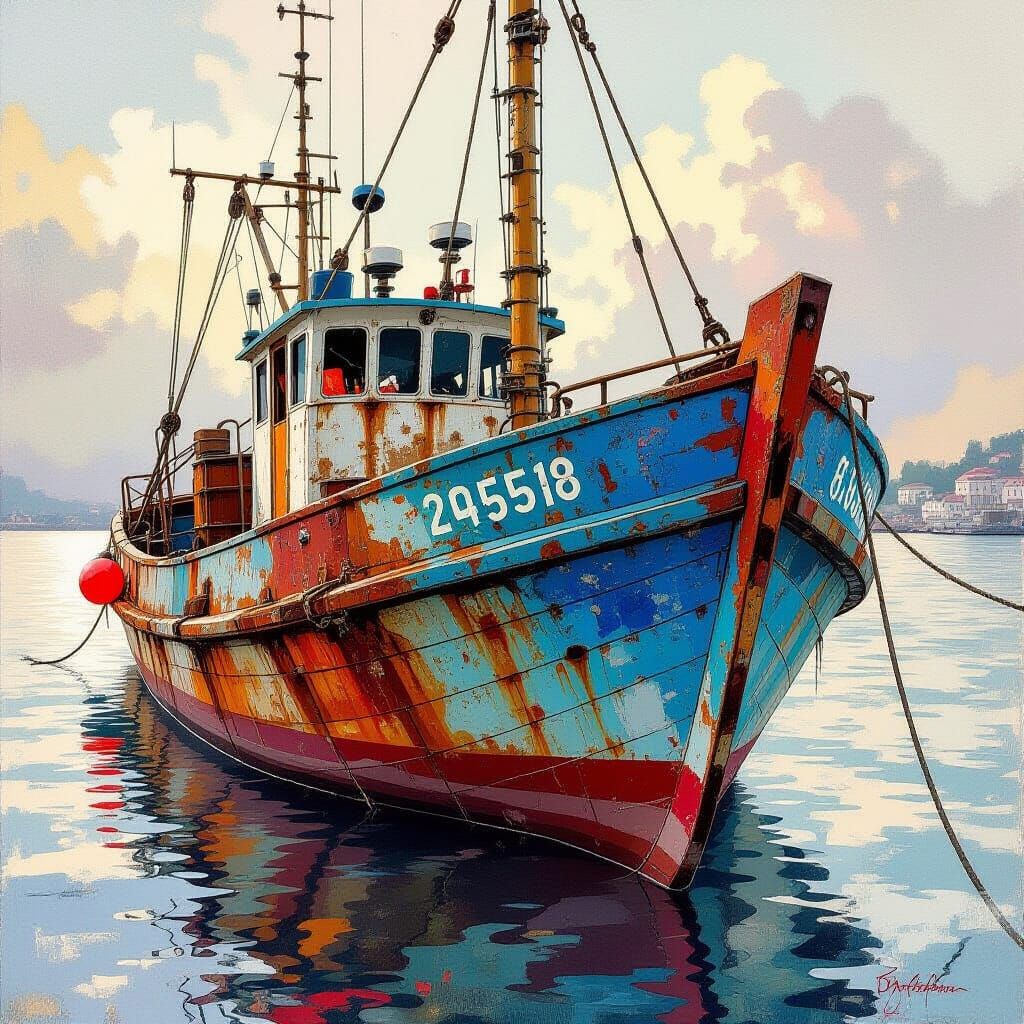 Hyperdetailed Watercolour of a Rusty Fishing Boat