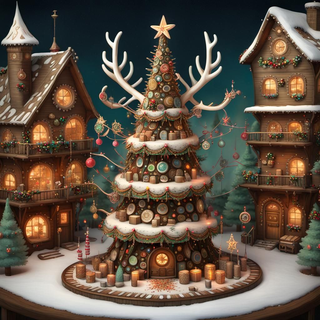 Folk Art Christmas Tree in Steampunk Village