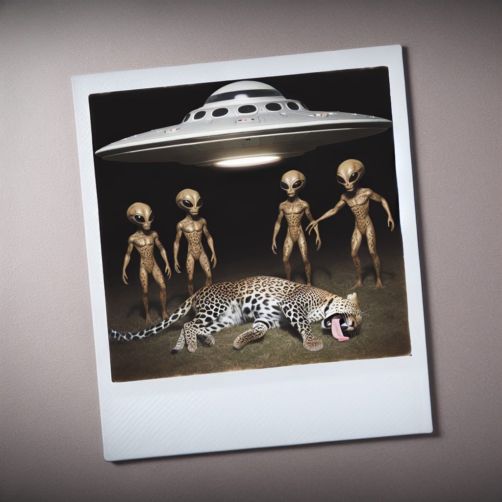 Aliens Abduct a Leopard in Retro Polaroid Style