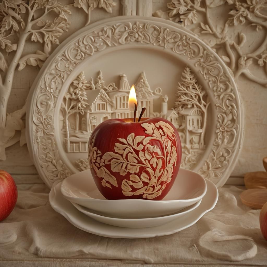 Red Apple Still Life with Cottage Carving