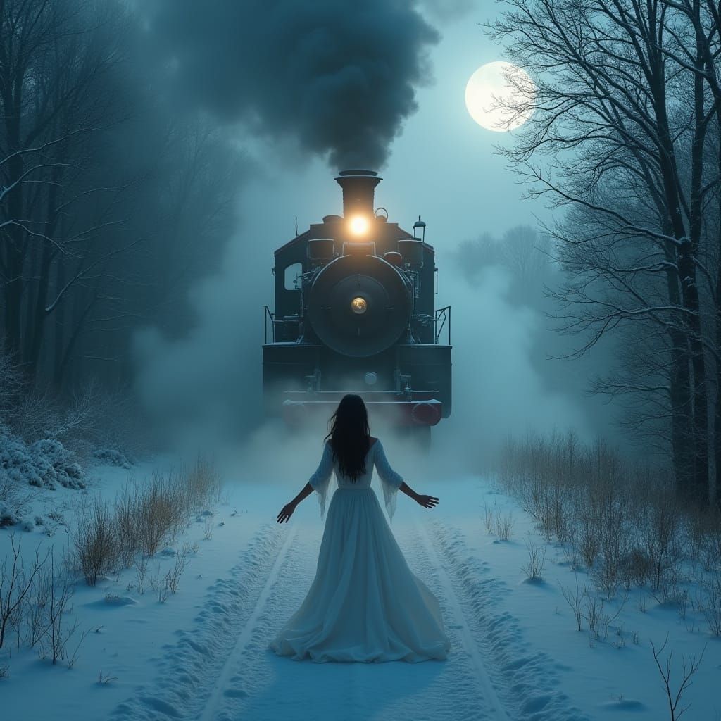 Ghost Train Thunders Through Snowy Mist