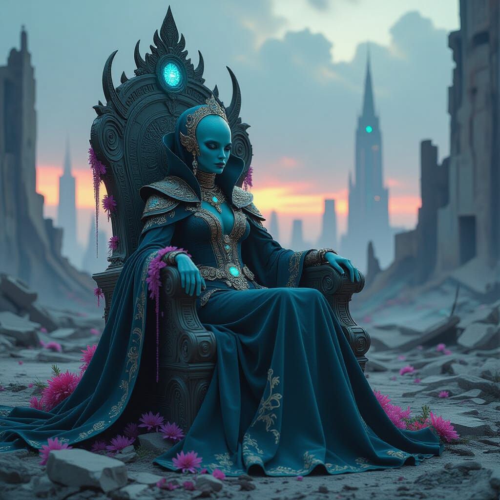 Alien Empress Surveys Decaying Cityscape in Digital Painting