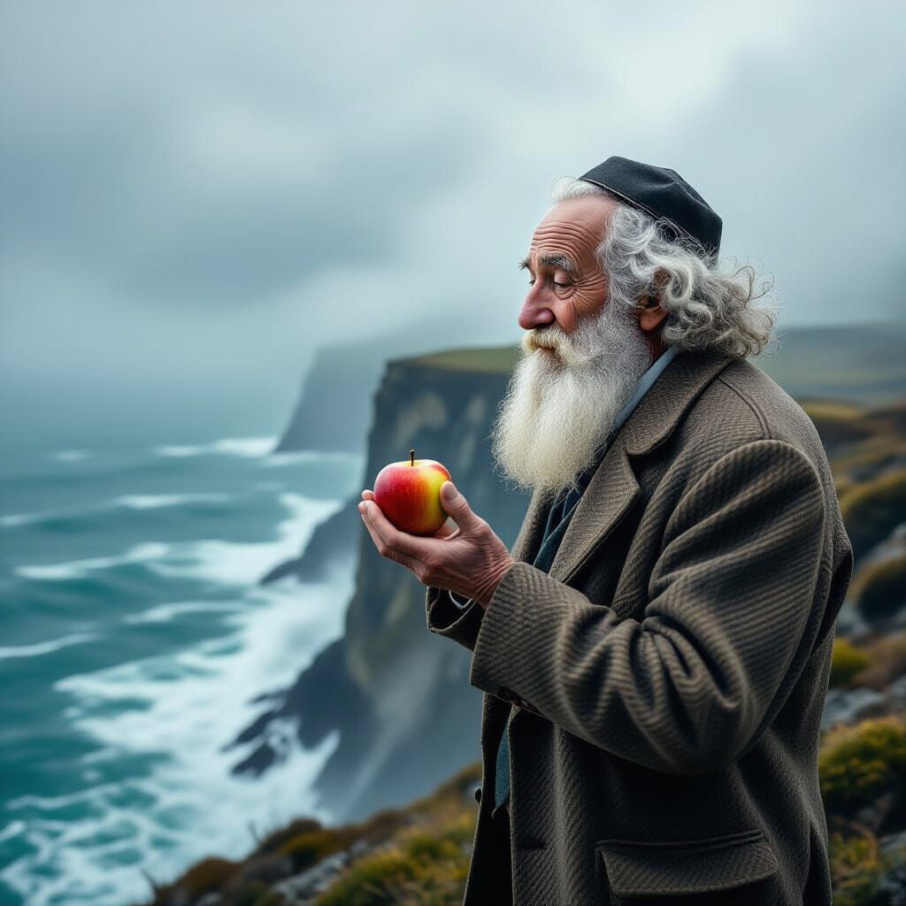 Elderly Man with Apple on Cliff Overlooking Turbulent Sea