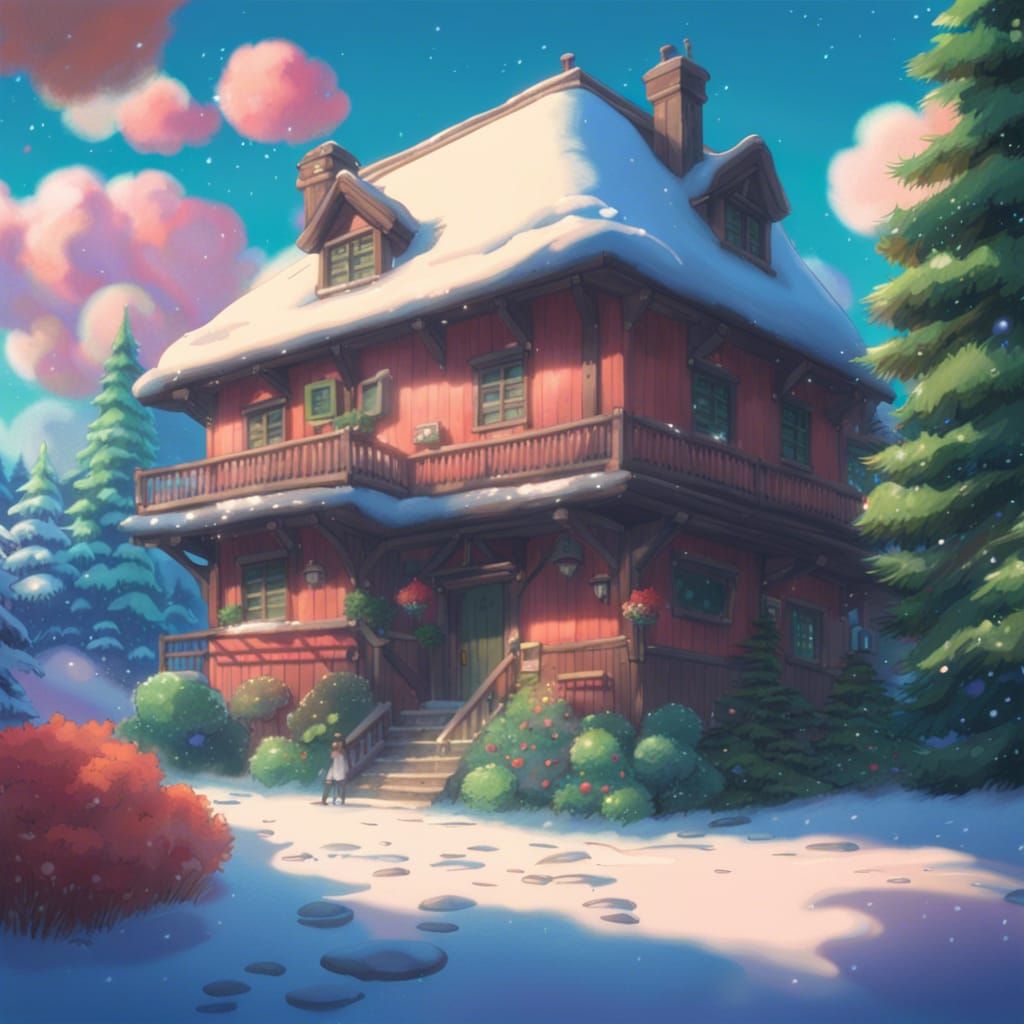 Magical Snowy Forest House in Studio Ghibli Style
