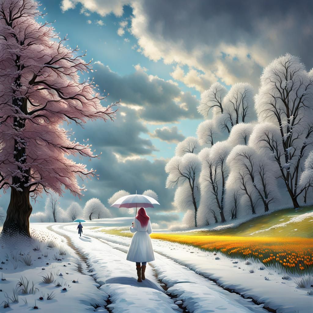 Girl with Spring Umbrella in Snowy Landscape