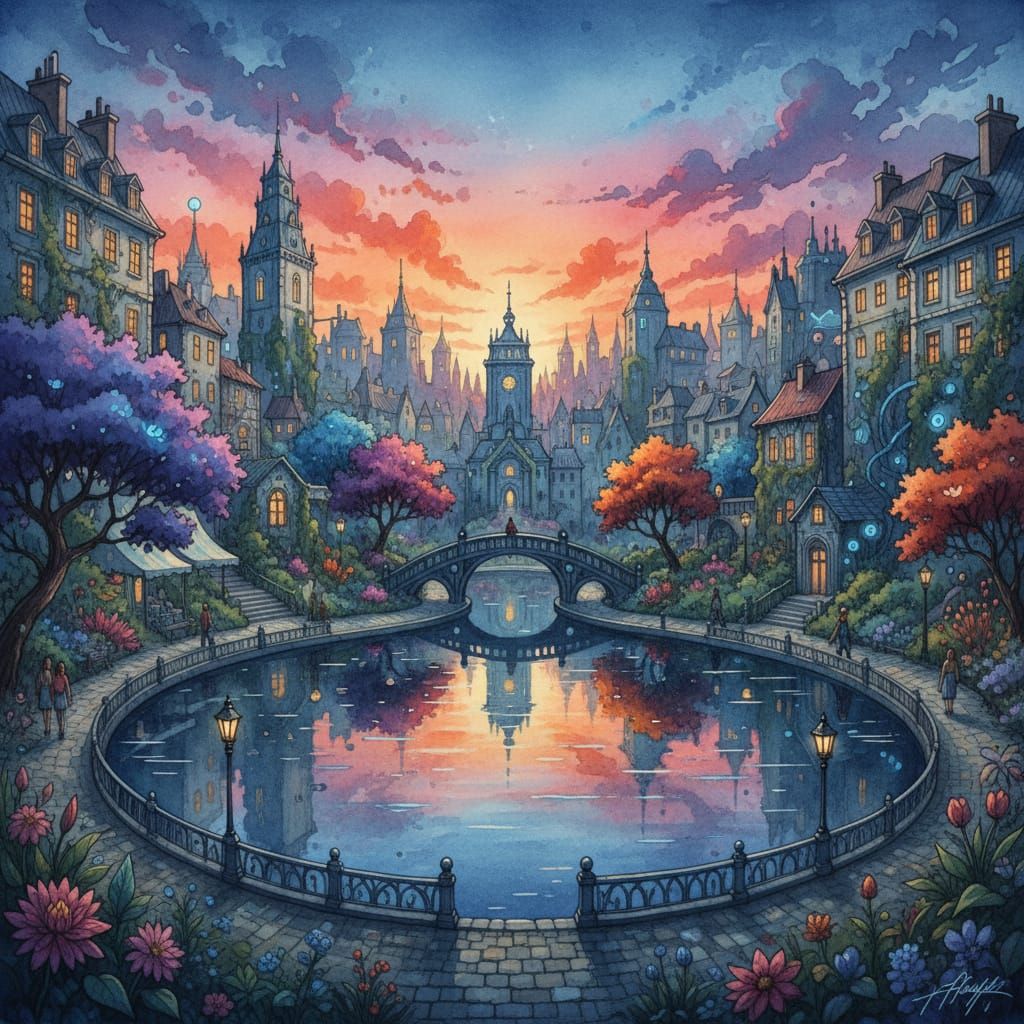 Bruges Cityscape with Romantic Lake and Blooming Nature