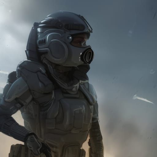 Futuristic Female Soldier in Battlefield Action