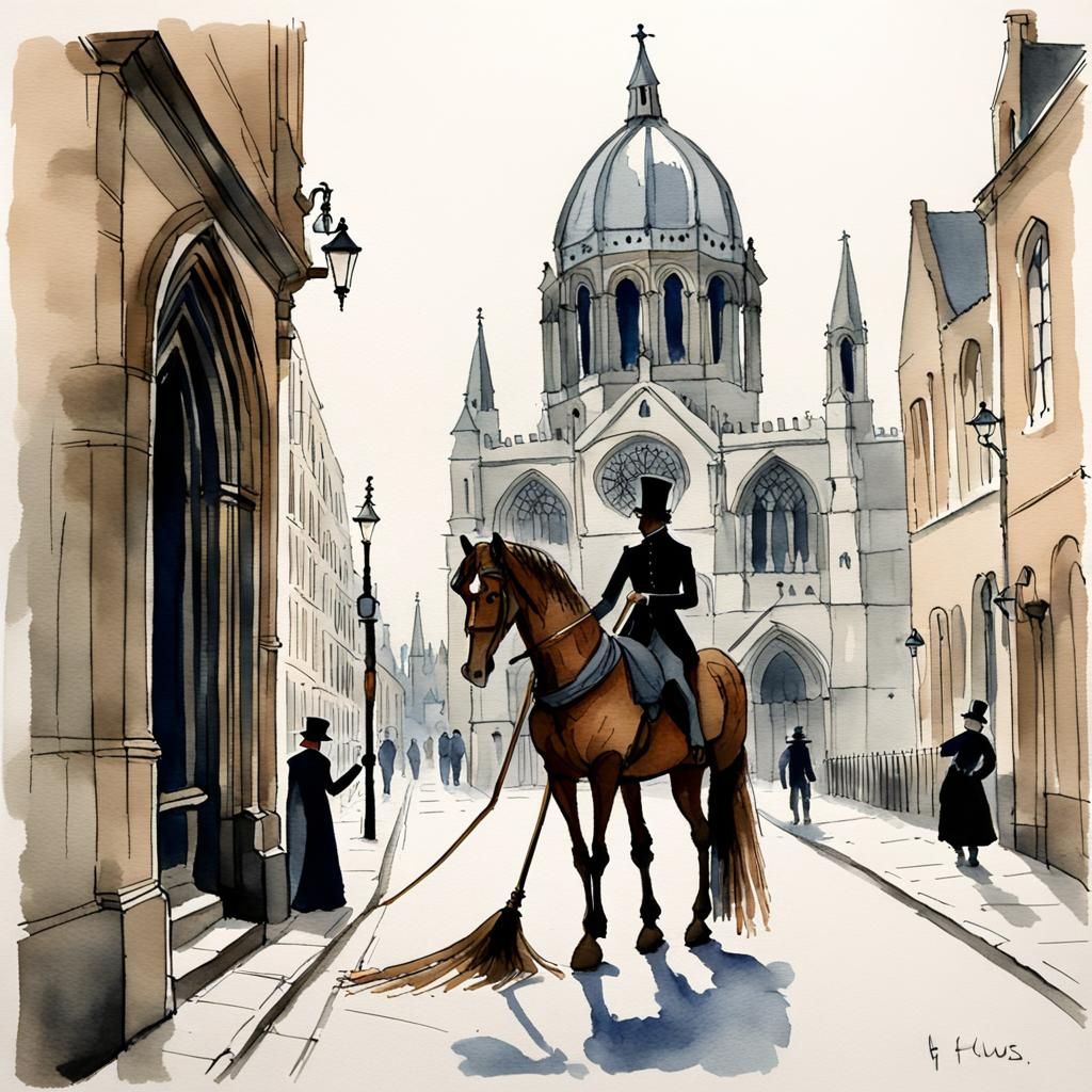 Anthropomorphic Horse Sweeping Victorian Street: Watercolour...