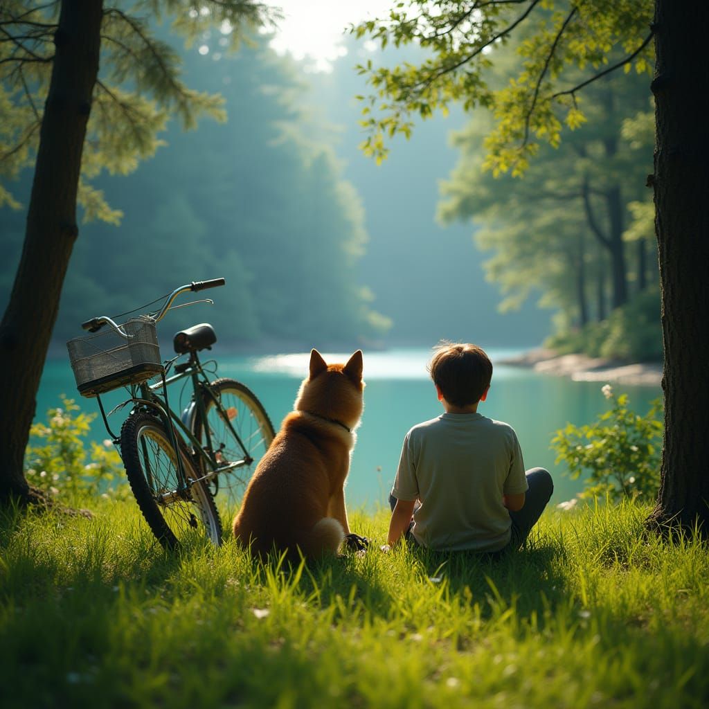 Boy and Shiba Inu by Lake in Forest Clearing