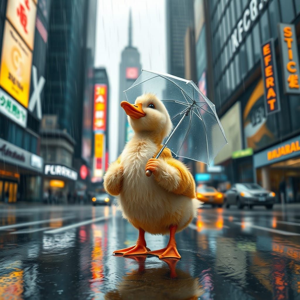 A cute duck looking in a grey sky, raining hard, in a city