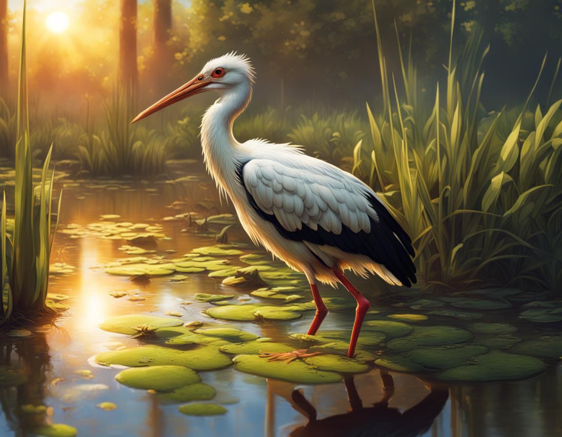Stork in swamp