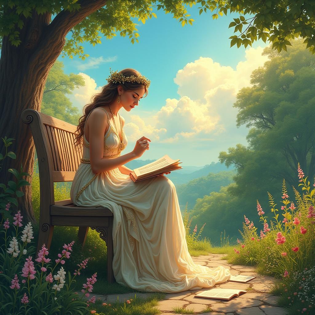 Goddess of Love and Poetry in Ethereal Garden