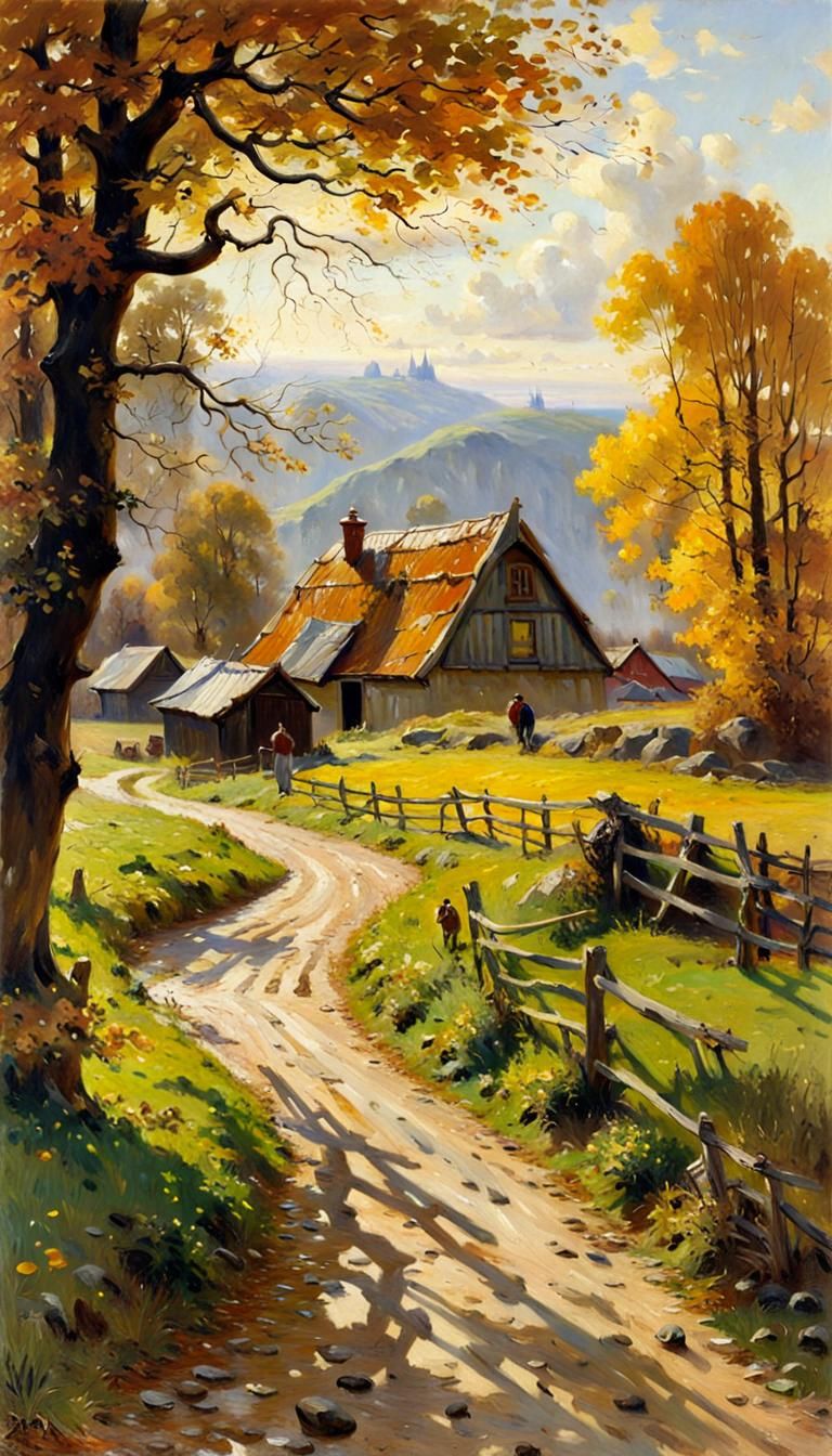 Peder Mork Monsted (1859-1941) Farm in landscape in automn