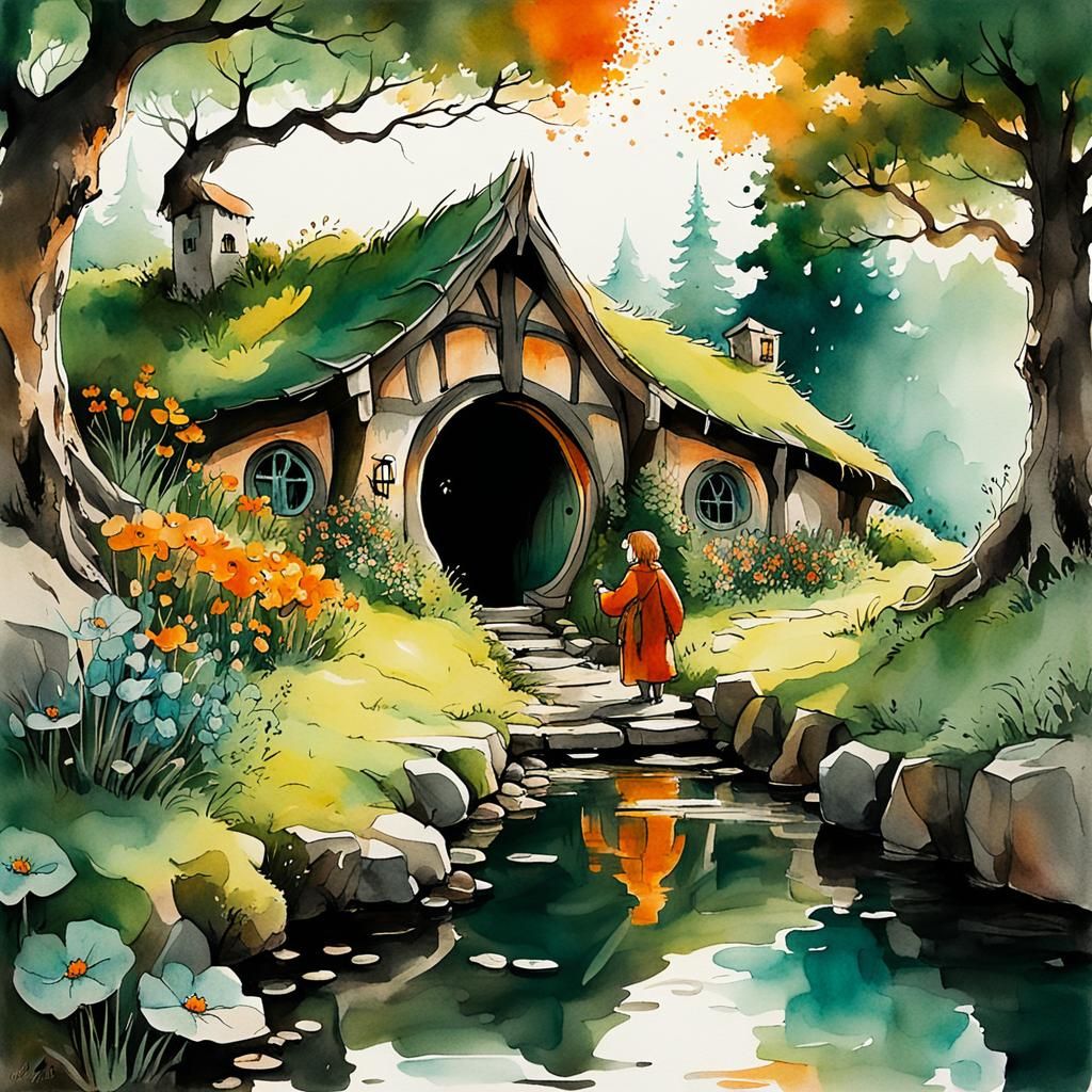 Hobbit Family in Forest Village: Watercolor Art