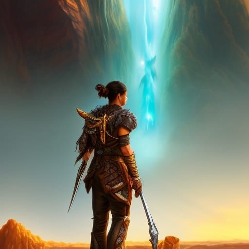 Desert Warrior Surrounded by Snakes at Sunset