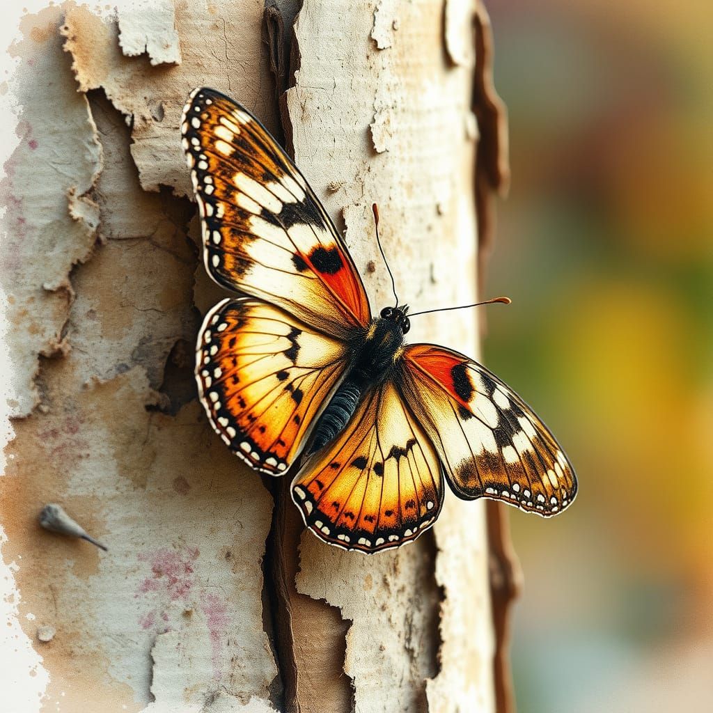 Butterfly on Weathered Birch Bark in Watercolour Technique