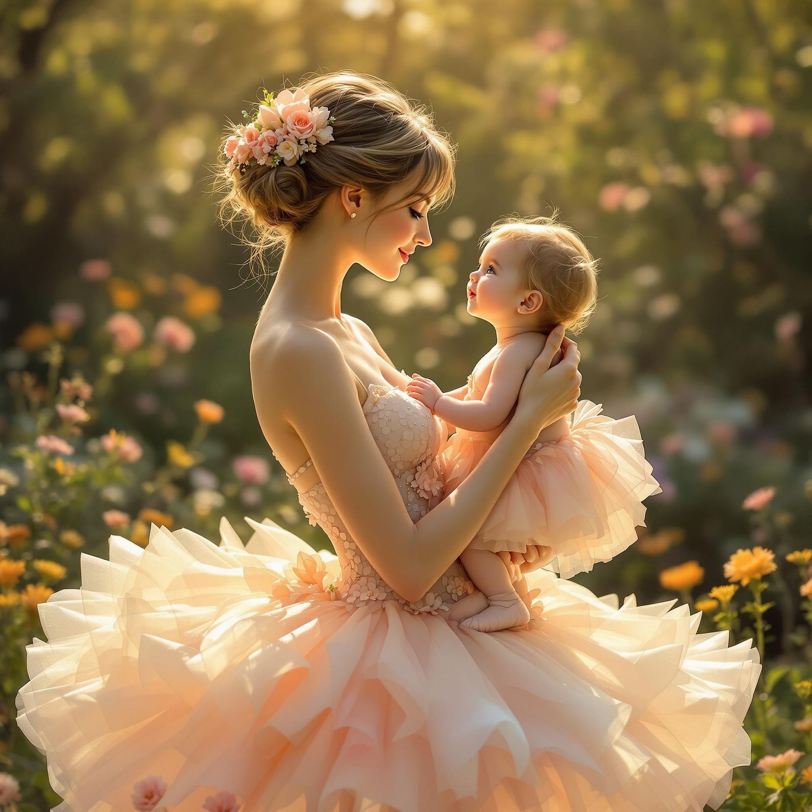 Whimsical Mother and Daughter Dance in Enchanted Garden