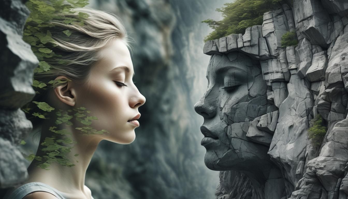 Surreal Double Exposure: Woman and Rocky Cliff