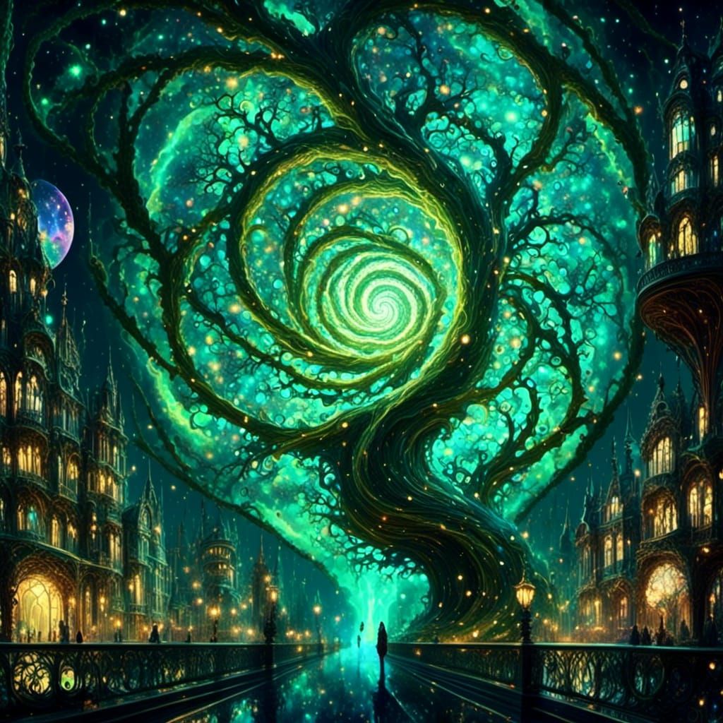 Goddess in Intergalactic City with Elven Sculptures