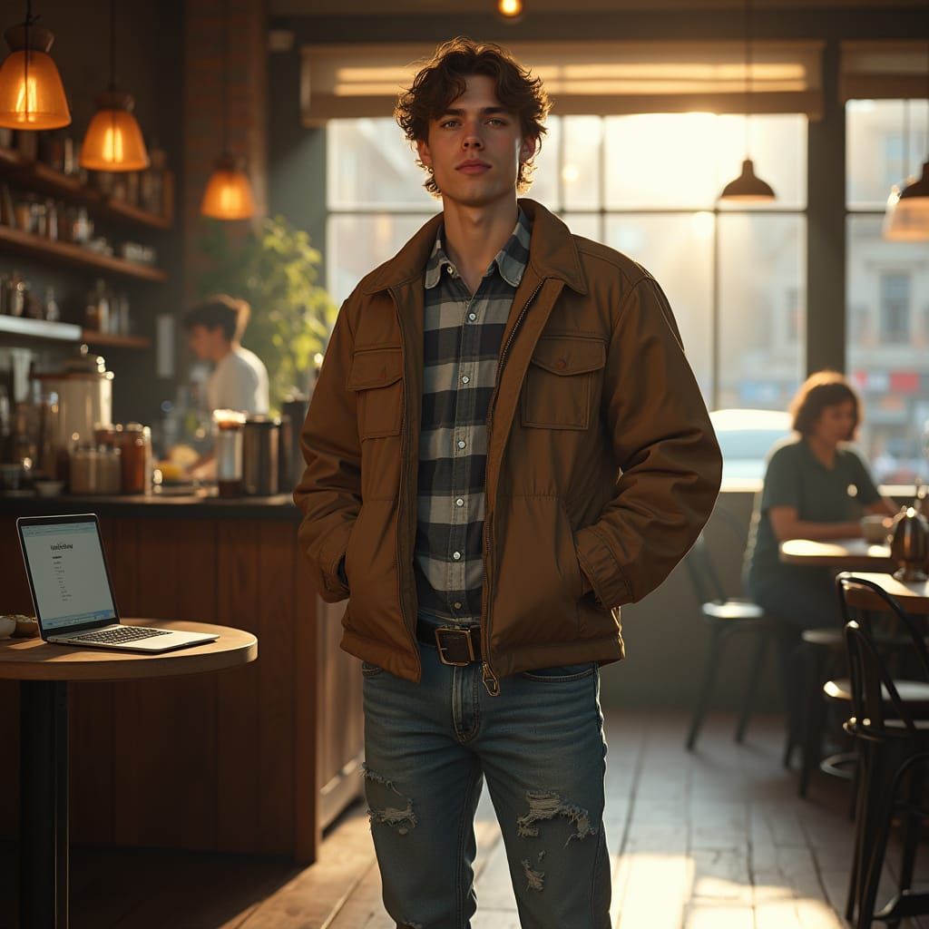 Young Man in Coffee Shop: Photorealistic Style
