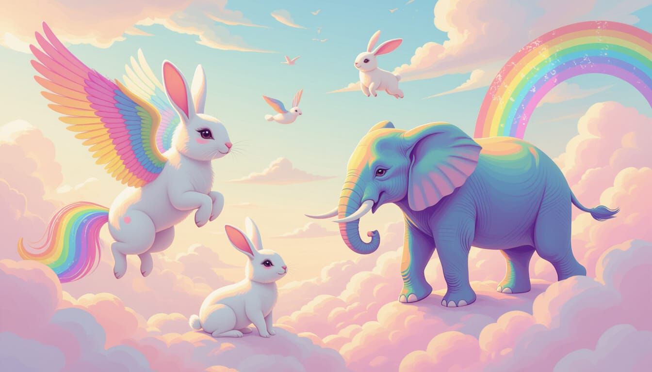 Rainbow Animals Float in Dreamlike Pastel Sky