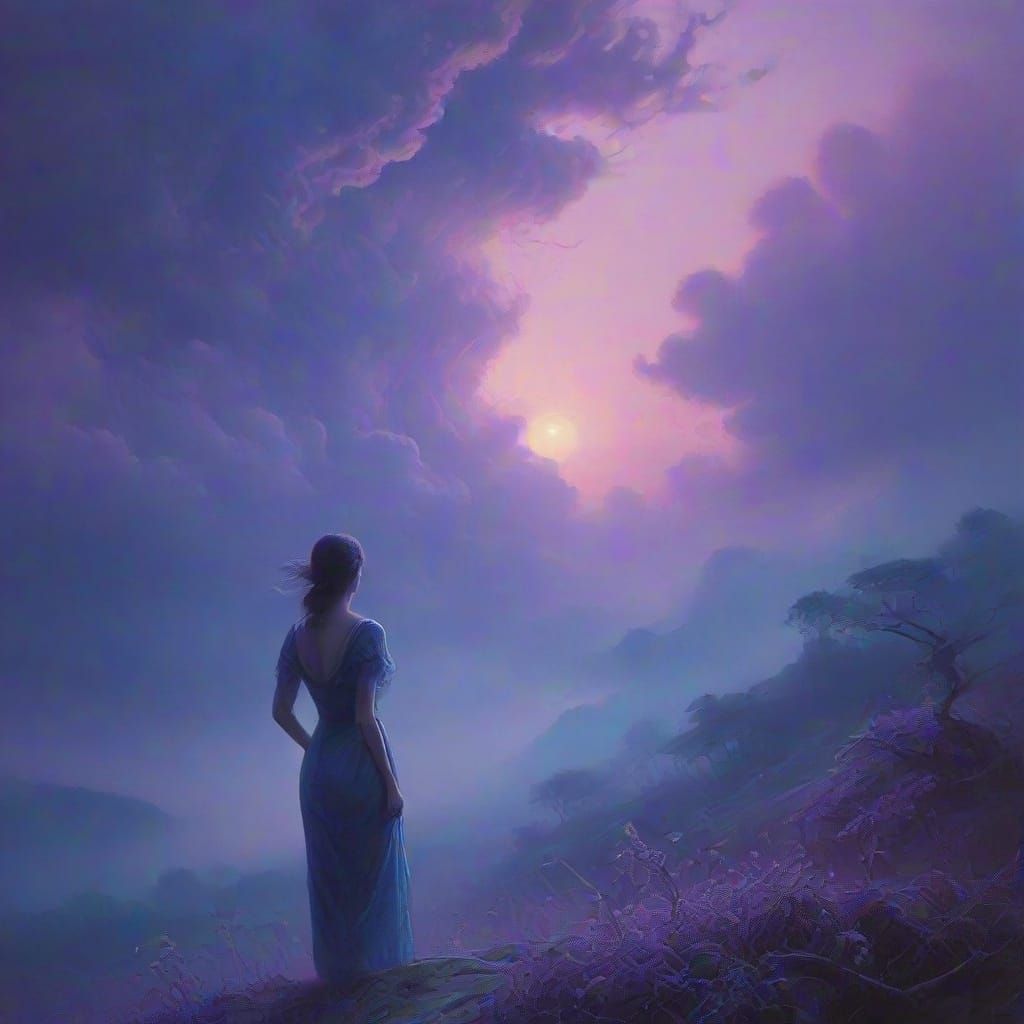Ethereal Woman Lost in Purple Blue Haze