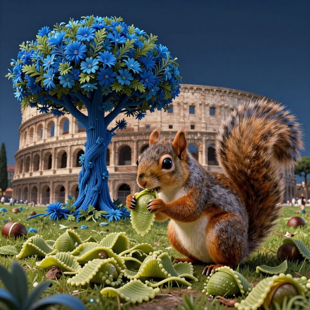 Squirrel Eats Leaf Pasta by Blue Herb Tree at Colosseum