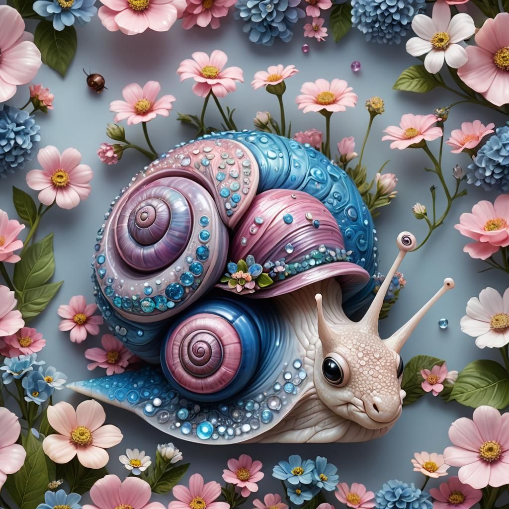 Hyperrealistic Kawaii Snail with Crystalline Shell