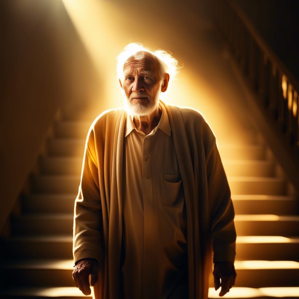 Heavenly Portrait of Elderly Man Climbing Stairs