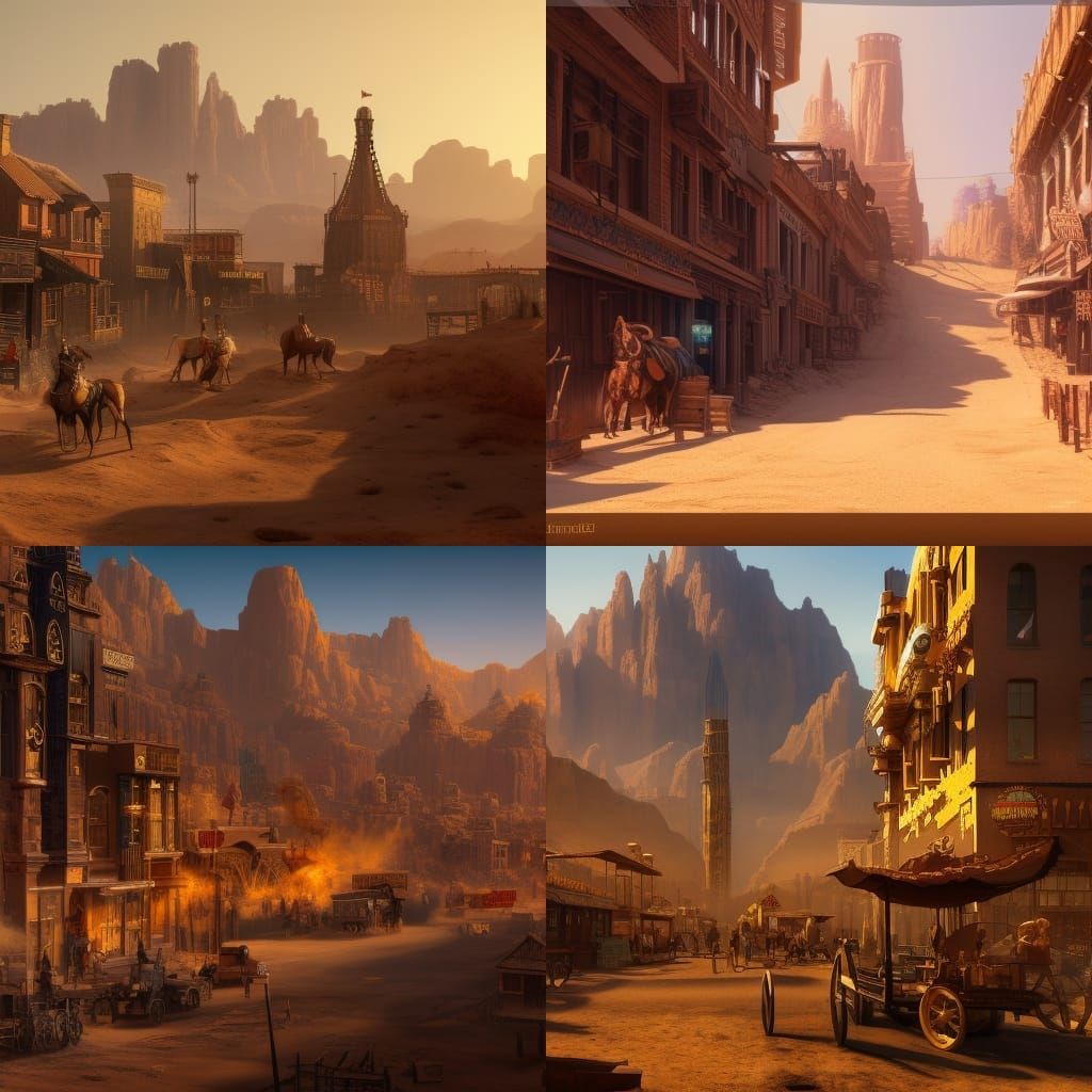 Wild West City in Golden Desert: Detailed Matte Painting