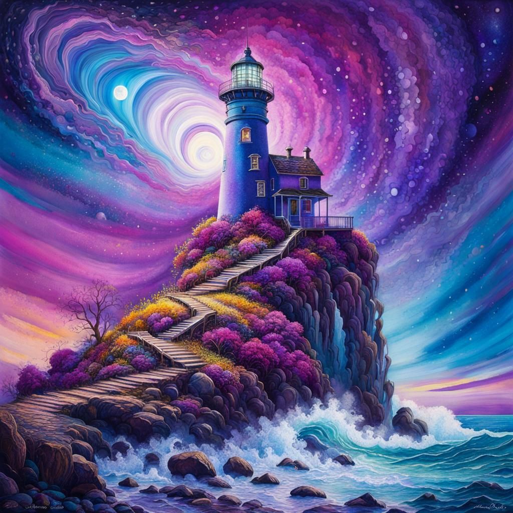 Cosmic Purple Lighthouse in Surreal Digital Art Style