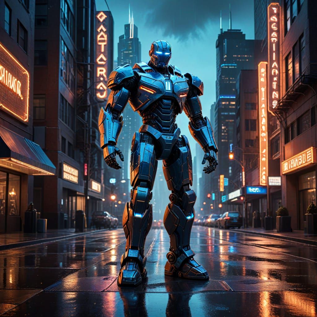 Glowing Art Deco Robot Titan in Futuristic Cityscape
